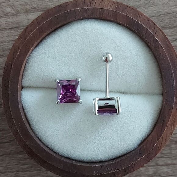 Platinum Plated S925 Sterling Silver Purple CZ Stud Earrings - Picture 4 of 8